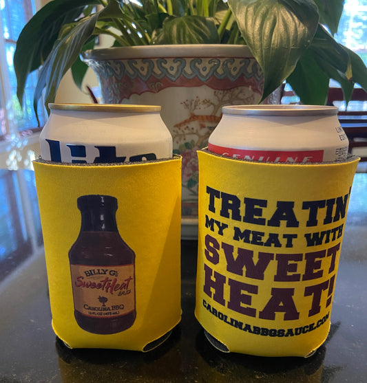 Billy G's Sweet Heat Koozie - in use with cans