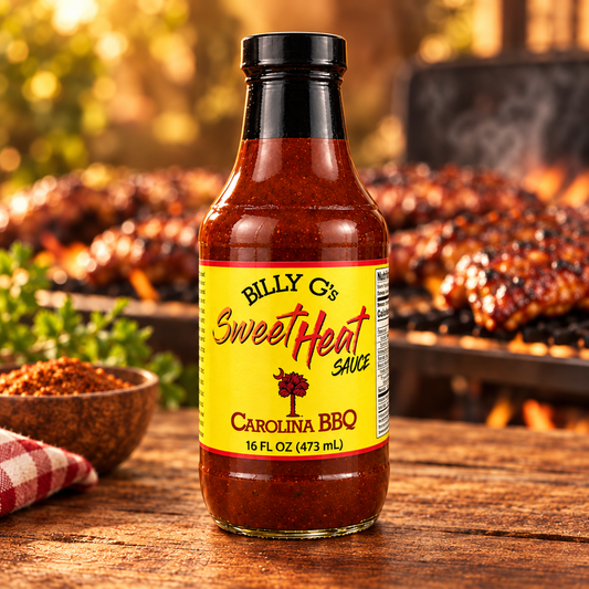 Billy G's Sweet Heat Sauce bottle in a warm BBQ scene