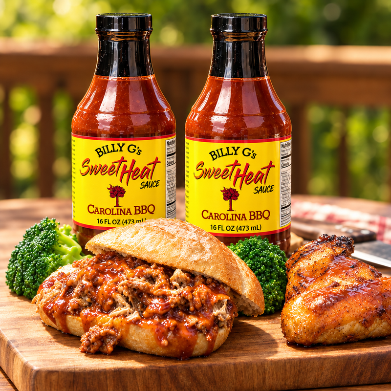 Billy G's Sweet Heat Sauce with barbecue sandwiches