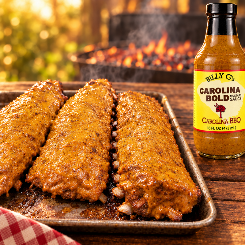 Billy G's Carolina Bold Mustard Sauce bottle with barbecue ribs