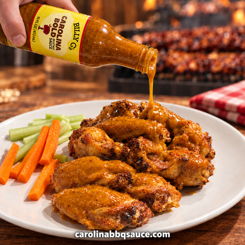 Mustard pouring onto wings